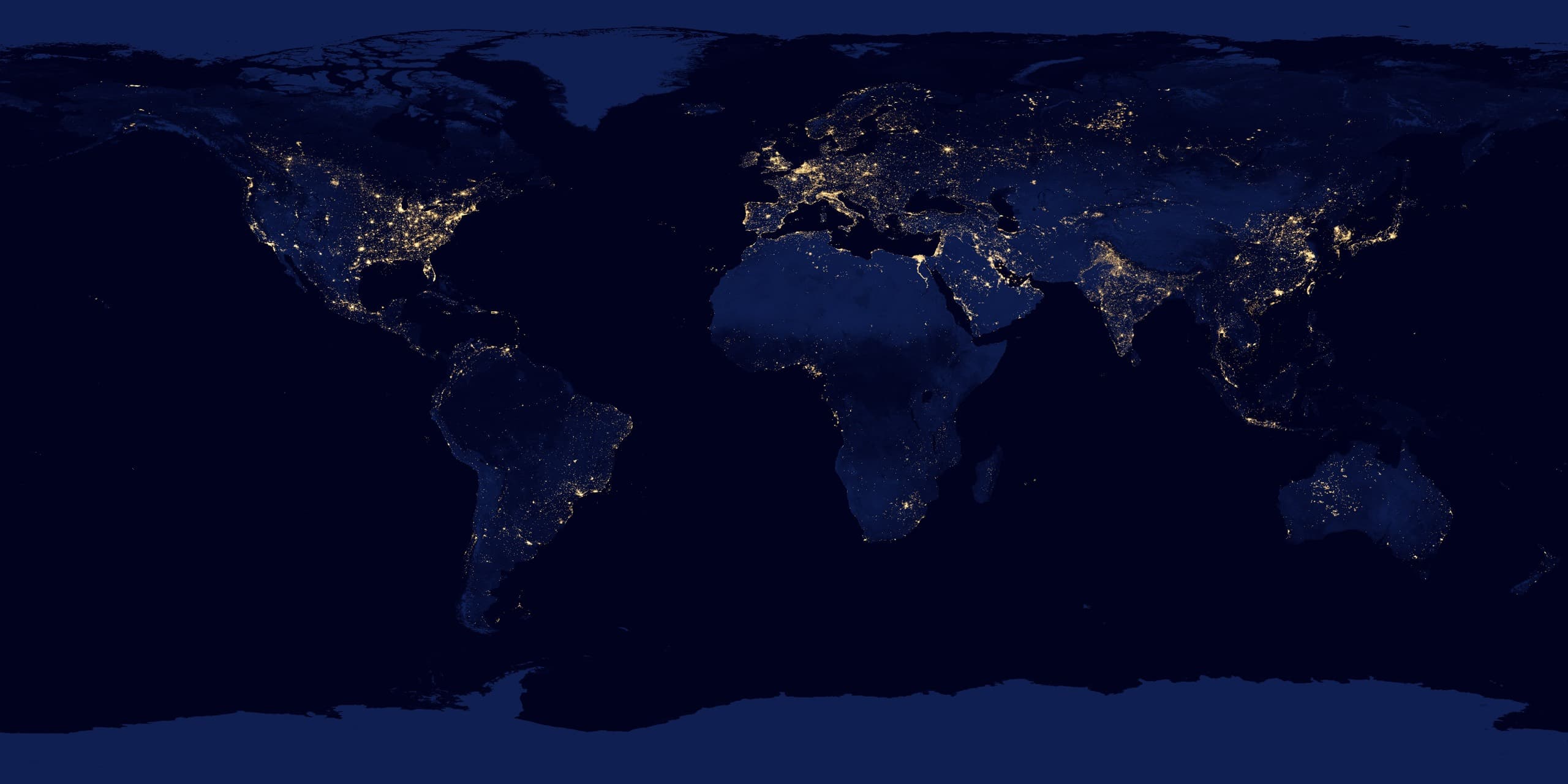Satellite view of city lights across the Earth at night
