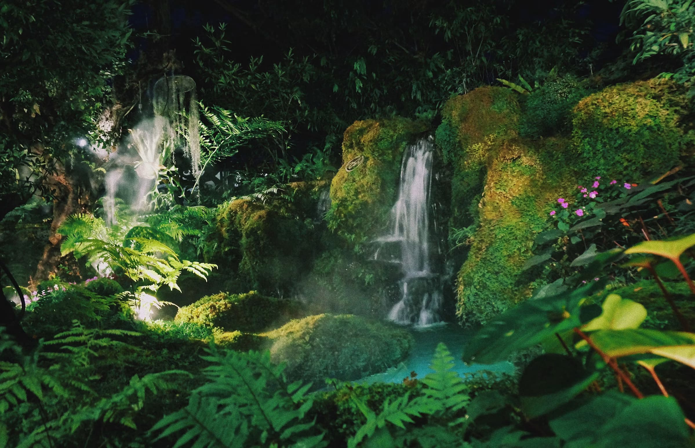 Waterfalls flowing through dense green rainforest