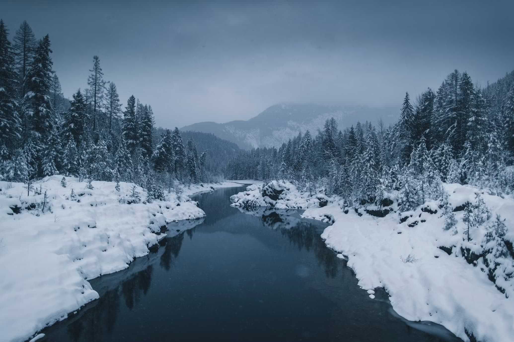 A river winding through snow-covered tundra forest in low light